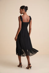 Tamryn Black Asymmetrical Ruffled Midi Dress