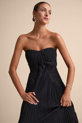 Narasha Black Pleated Strapless Maxi Dress