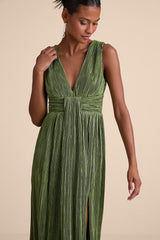 Melitta Olive Green Plisse Sash Maxi Dress