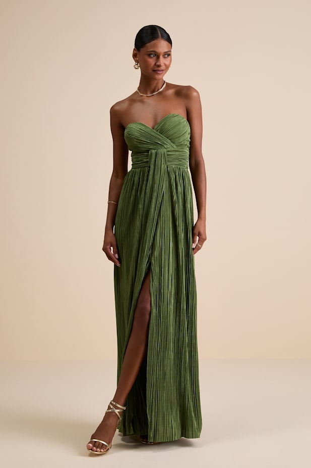 Oswin Olive Green Satin Plisse Strapless Maxi Dress