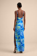 Sunniva Blue Multi Print Mesh Cowl Maxi Dress