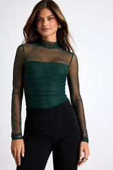 Clearly Alluring Emerald Mesh Long Sleeve Mock Neck Bodysuit