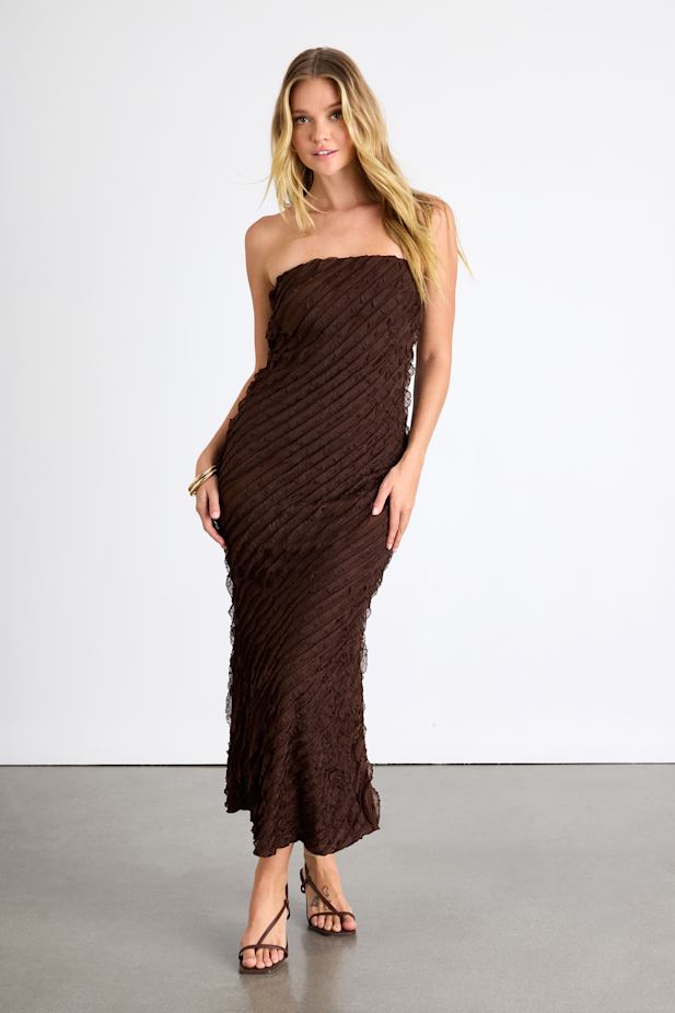 Faelyn Brown Strapless Ruffled Midi Dress
