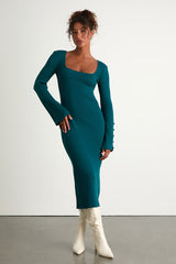 Classy Attitude Emerald Ribbed Square Neck Midi Sweater Dress