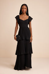Notorious Charm Black Pleated Flutter Sleeve Maxi Dress