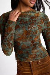 Victoria Green Floral Burnout Long Sleeve Top