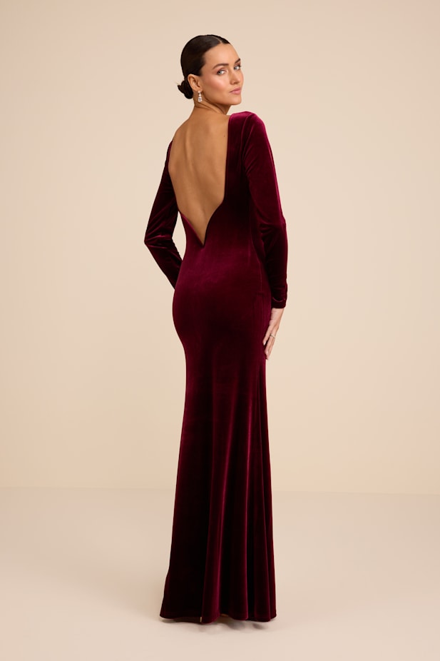 Rabeya Burgundy Velvet Backless Mermaid Maxi Dress