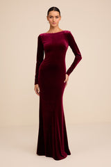Rabeya Burgundy Velvet Backless Mermaid Maxi Dress
