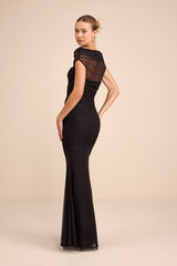 Sunama Black Mesh Ruched Mermaid Maxi Dress