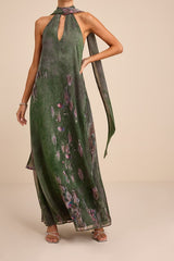Calixta Green Abstract Chiffon Sash Shift Maxi Dress