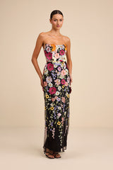 Macario Black Multi 3D Floral Embroidered Strapless Maxi Dress