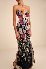 Macario Black Multi 3D Floral Embroidered Strapless Maxi Dress