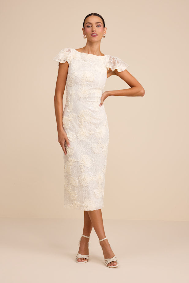 Kenna Ivory Lace Flutter Sleeve Midi Dress