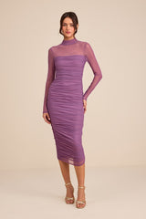 Impressive Flirt Dusty Purple Mesh Ruched Mock Neck Midi Dress
