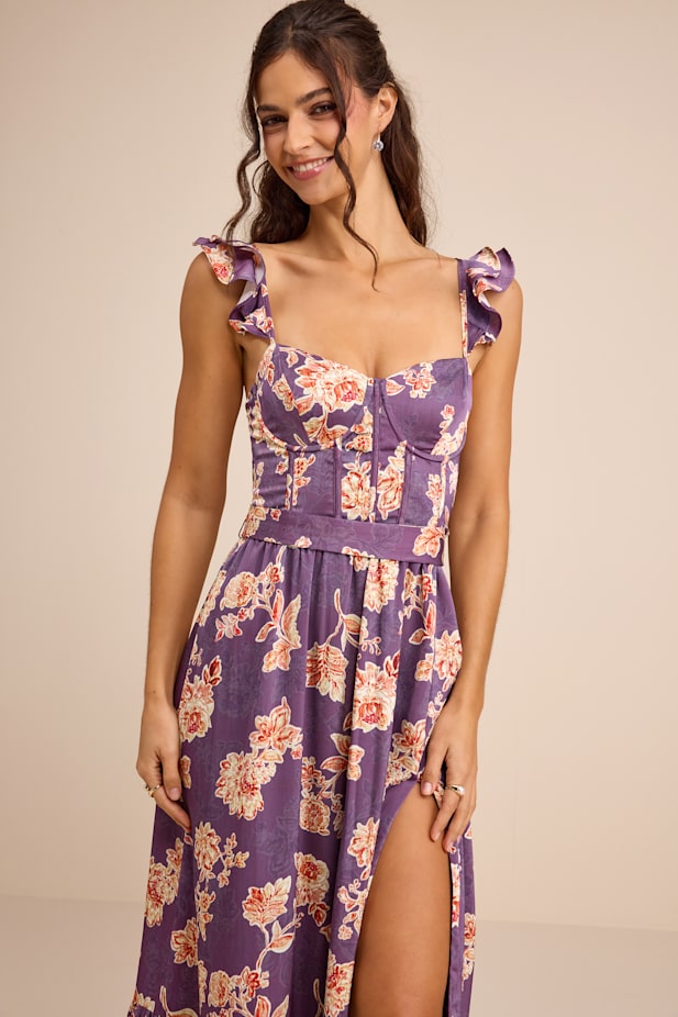 Sweet Like Sangria Purple Floral Ruffled Bustier Midi Dress