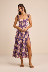 Sweet Like Sangria Purple Floral Ruffled Bustier Midi Dress