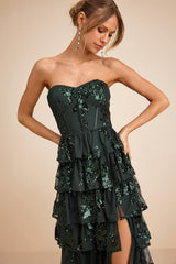 Definite Glamour Emerald Sequin Strapless Bustier Maxi Dress