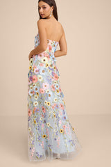 Rosario Light Blue Multi 3D Floral Embroidered Maxi Dress