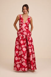 Valna Red Floral Jacquard Drop Waist Maxi Dress