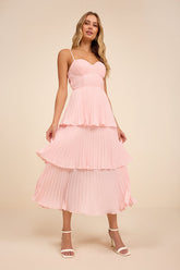Cascading Crush Blush Pink Tiered Bustier Midi Dress