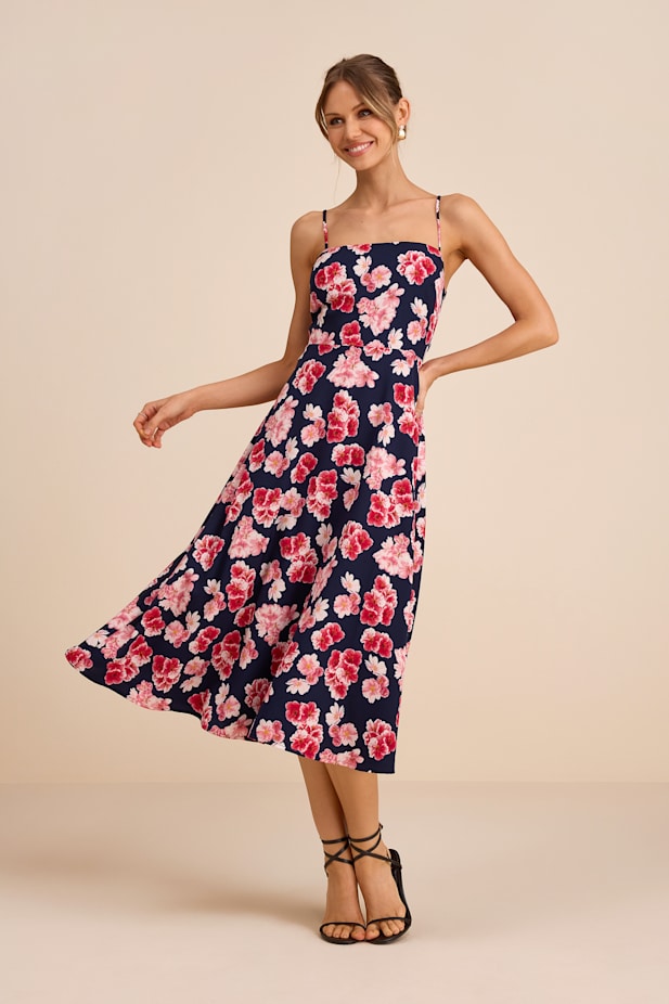 Radiant Feelings Navy and Pink Floral Chiffon Midi Dress