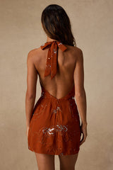 Hazel Burnt Orange Cowl-Front Mini Dress