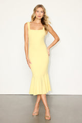 Moment Maker Light Yellow Square Neck Trumpet Midi Dress