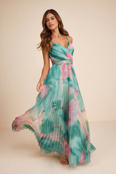 Estelle Teal Blue Floral Pleated Cutout Maxi Dress