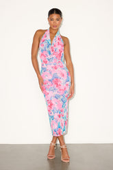 Venus Teal and Pink Floral Mesh Backless Midi Dress