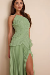 Magdalene Light Green Pleated Asymmetrical Maxi Dress