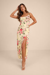 Emery Light Yellow Floral Asymmetrical Ruffled Maxi Dress