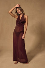 Tahani Brown Mesh Cowl Maxi Swim Cover-Up
