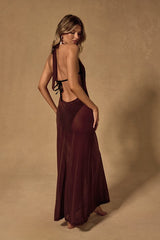 Tahani Brown Mesh Cowl Maxi Swim Cover-Up