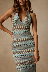 Majesty Turquoise and Brown Crochet Halter Midi Dress