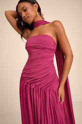 Nellie Berry Pink Pleated Maxi Dress and Scarf Set