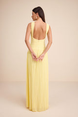 Kelina Light Yellow Pleated Drop Waist Maxi Dress