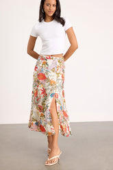 Bliss Me Ivory Multi Floral Print Midi Skirt