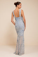 Jamie Light Blue Floral Mesh Sheer Hem Maxi Dress