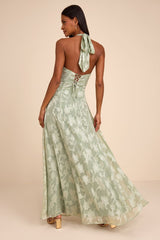 Maira Sage Floral Burnout Halter Maxi Dress