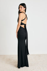 Cazy Black Jersey Knit Twist-Front Maxi Dress