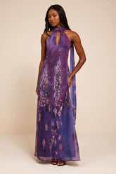Calixta Purple Abstract Chiffon Sash Shift Maxi Dress
