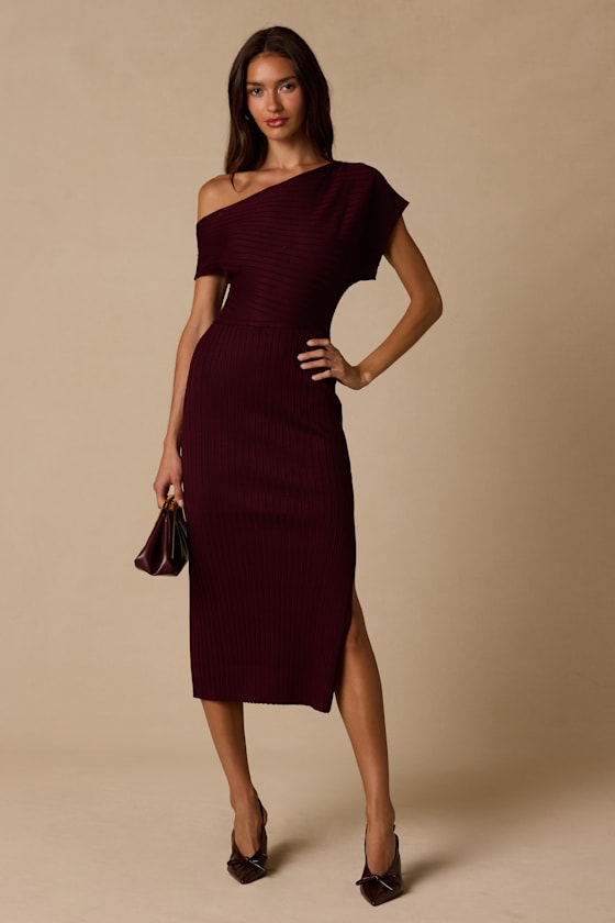 Brady Burgundy Ribbed Off-the-Shoulder Sweater Midi Dress