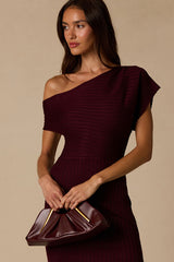 Brady Burgundy Ribbed Off-the-Shoulder Sweater Midi Dress