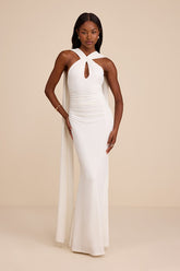 Delphina Ivory Jersey Knit Halter Sash Maxi Dress