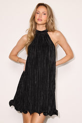 Vaivah Black Satin Plisse Mock Neck Swing Mini Dress