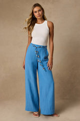 Evaline Turquoise Beaded Belt Wide-Leg Pants