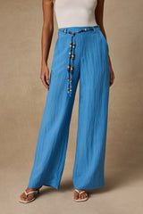 Evaline Turquoise Beaded Belt Wide-Leg Pants