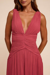 Kelina Rusty Rose Pleated Drop Waist Maxi Dress
