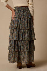 Hanna Brown Multi Floral Tiered Maxi Skirt