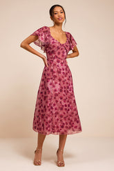 Camillo Mauve Floral Jacquard Flutter Sleeve Midi Dress